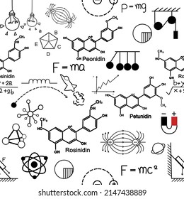 Fórmula física dibujada mano Educación de conocimientos científicos. Fórmula química y física, fórmula matemática y vector de física, fondo blanco, matemática de línea dibujada a mano y fórmula física