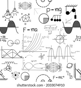 Hand drawn physic formulas Science knowledge education. Chem formula and physics , math formula and physics vector, white background, hand drawn line math formula and physics formula