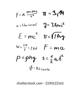 Hand drawn physic formulas Science knowledge education. Chem formula and physics , math formula and physics vector, white background, hand drawn line math formula and physics formula