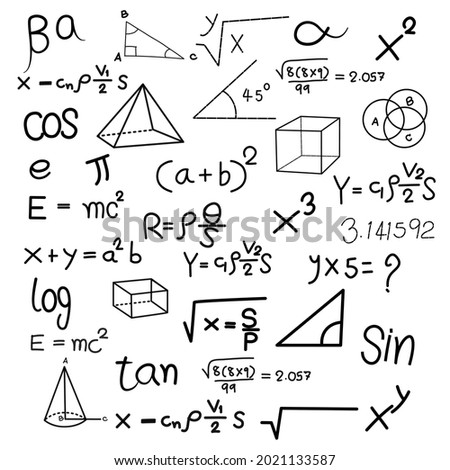 Hand drawn physic formulas Science knowledge education. Chem formula and physics , math formula and physics vector, white background, hand drawn line math formula and physics formula