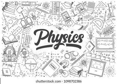 Hand drawn physics doodle set. Lettering - Physics