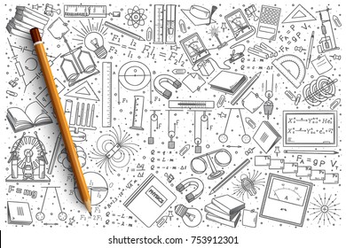 Hand drawn Physics vector doodle set background