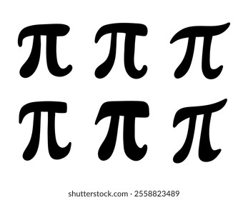 Hand drawn PI symbol set, annual celebration of the mathematical constant pi. Pi Day on March 14. International Day of Mathematics. Mathematics and arithmetic, handdrawn Pi sign set.