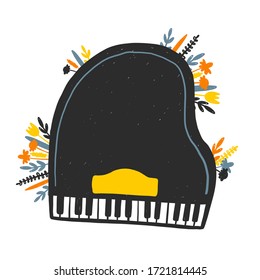 Silueta de piano dibujada a mano con flores. Plantilla de banner vectorial de conciertos de música clásica. Animación cultural. Instrumento musical con notas. Compra, idea de diseño de afiches de tienda