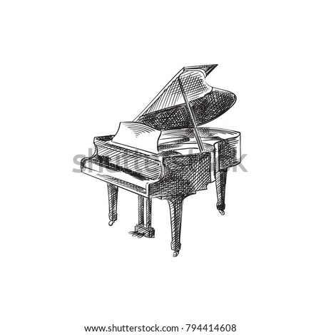 Hand Drawn Piano Sketch Symbol. Vector Pianoforte Element In Trendy Style. Foto d'archivio © 