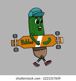 Hand drawn pickle carrying a long board. Good for logos, t-shirt printing, stickers, mascots, children's picture books, etc.