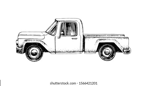 Hand drawn pickup car isolated on white background. Vector illustration