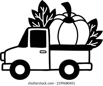 Hand Drawn Pickup truck carrying pumpkins illustration isolated on background