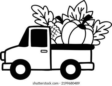 Hand Drawn Pickup truck carrying pumpkins illustration isolated on background