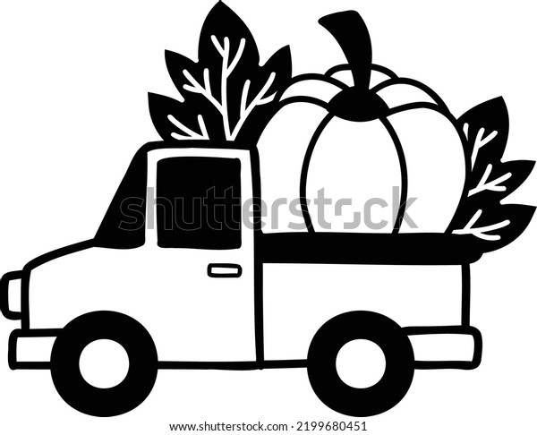 Hand Drawn Pickup truck carrying pumpkins\
illustration isolated on\
background