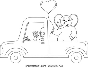 handgezeichneter Truck mit Affe und Elefant einzeln auf weißem Hintergrund
