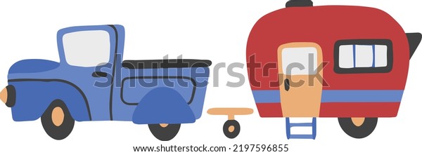Hand Drawn Pickup trucks and towing houses\
illustration isolated on\
background