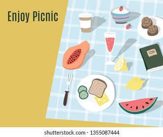 Hand drawn picnic background, invitation. Checkered plaid, blanket with wine bottle, lemons, watermelon and papaya fruit. Toasted bread with cheese and egg. Flat lay, top view. Retro design.