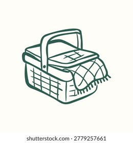 Hand drawn picnic basket in doodle outline style. Minimal outdoor food illustration for camping and summer design.