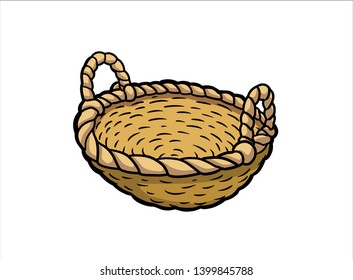 Hand drawn picnic basket isolated on white background. Sketch illustration of empty bamboo basket.