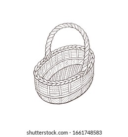 Cesta de picnic dibujada a mano aislada en fondo blanco. Dibujo de la cesta vacía de bambú en estilo de arte lineal.