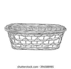 Hand drawn picnic basket isolated on white background. Sketch illustration of willow basket.