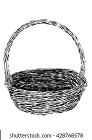 Hand drawn picnic basket isolated on white background. Sketch illustration of empty bamboo basket. Vector