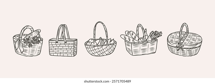 Hand drawn picnic baskets collection