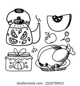 Elementos de picnic dibujados a mano. Calabaza, pollo, mermelada. Ilustración vectorial aislada en fondo blanco.
