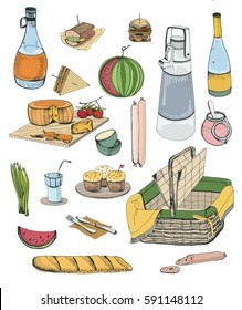 Hand drawn picnic items set. Collection with various food, drinks, basket illustration.