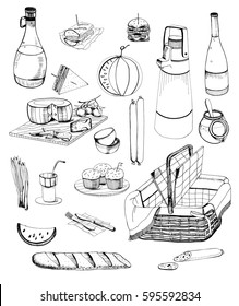 Hand drawn picnic items set. Collection with various food, drinks, basket. Contour illustration.