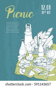 Hand drawn picnic poster. Placard with place for text and food illustration.