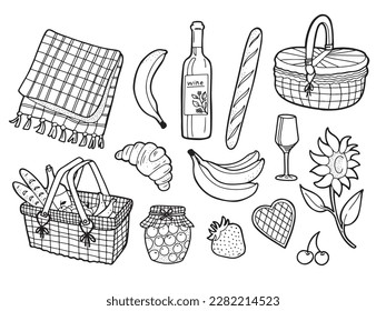 Hand drawn picnic season set in line art design, outlined food, wine and other picnic objects. Isolated vector illustration