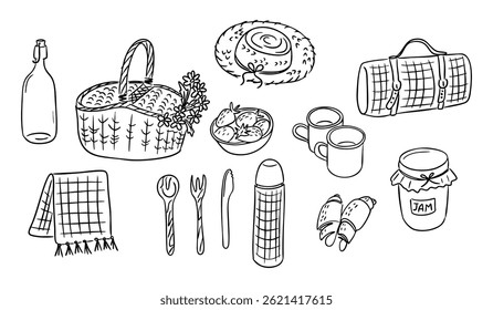 Hand drawn picnic set with food, blanket, basket and accessories in black outline style. Concept of leisure, outdoor dining and cozy countryside lifestyle