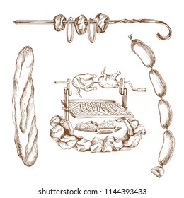 Hand drawn picnic set: grill, baguette, bunch of sausages,barbecue.  Engraving art. Meat products for banner and advertising by cross-hatching, contour hatching pen ink sketch drawing technique.Us