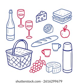 Hand drawn picnic set illustration in red and blue lines. Includes wine, glasses, cheese, sandwich, fruit, thermos, baguette, picnic basket, and cups. Perfect for picnic, outdoor meal, or summer
