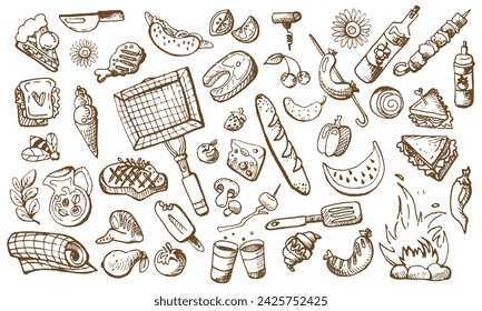 Hand drawn picnic set. Various dishes, drinks, items. There are illustrations of steaks, sandwiches, lemonade, sausages and more. Vector illustration isolated on white background.