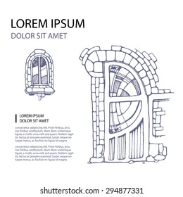 Hand drawn picture of ancient door isolated in wall from bricks. Template for cover design with place for your text