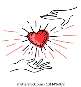 Hand Drawn Picture with Beating Heart in the Hands — Concept Art for Kindness Day. Vector Illustration.