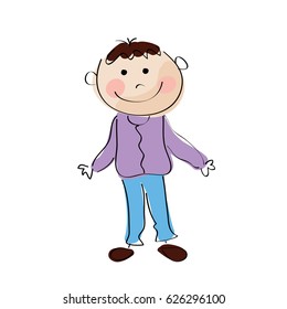 Hand drawn picture in cartoon style. Guy in purple shirt on a white background.