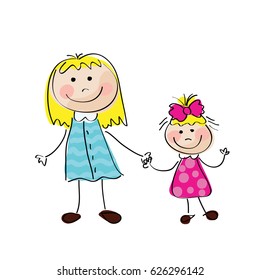 Hand drawn picture in cartoon style. Young mother with her daughter on a white background.