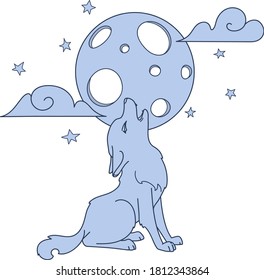 Hand drawn picture of a cute little wolf sitting and howling at the moon, cartoon vector illustration