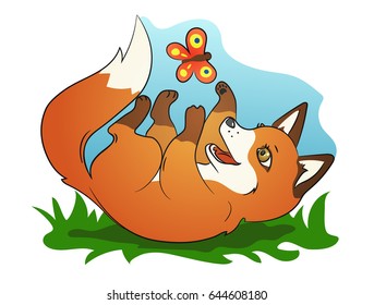 Hand drawn picture of a cute little red fox playing with butterfly, cartoon vector illustration