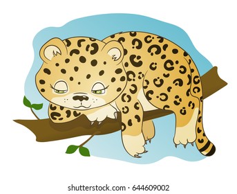 Hand drawn picture of a cute little leopard lying on a branch, cartoon vector illustration