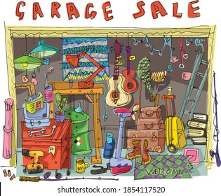 Hand drawn picture of a facade of domestic garage full of stuff for local sale. Hobby. Caricature. Sketch.