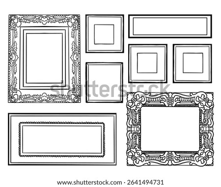 Hand drawn picture frames line set. Sketch style highly detailed square and rectangular outline frames. Vintage retro wall decoration. Vector illustrations isolated on white background.