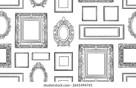 Hand drawn picture frames seamless pattern. Sketch style highly detailed oval, square and rectangular outline frames. Victorian vintage retro wall decoration. Vector art nouveau illustrations