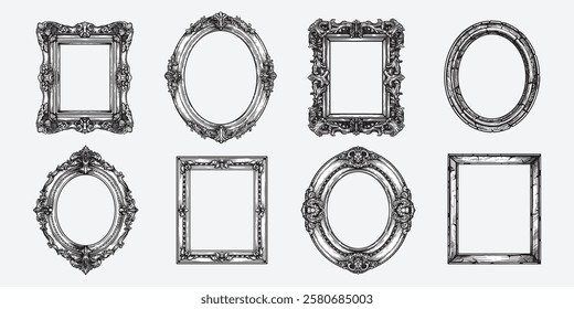 Hand drawn picture frames set. Sketch style highly detailed oval and rectangular wooden frames. Vintage retro wall decoration. Vector illustrations isolated on white background.