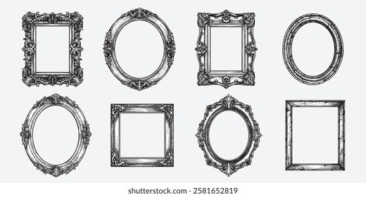 Hand drawn picture frames set. Sketch style highly detailed oval and rectangular wooden frames. Vintage retro wall decoration. Vector illustrations isolated on white background.