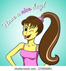 Hand drawn picture. Happy girl smiling and showing tongue.