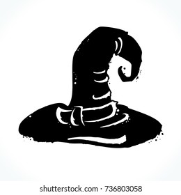 Hand drawn picture of hat silhouette isolated on white background. Template for Halloween design. Vector illustration. 