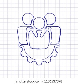 . Hand drawn picture on paper sheet. Blue ink, outline sketch style. Doodle on checkered background