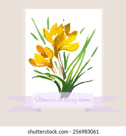 Hand drawn picture of yellow crocuses made with watercolor and traced. Sample card with text. Vector illustration.