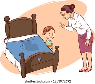 Hand drawn picture of young boy who has wet the bed. 