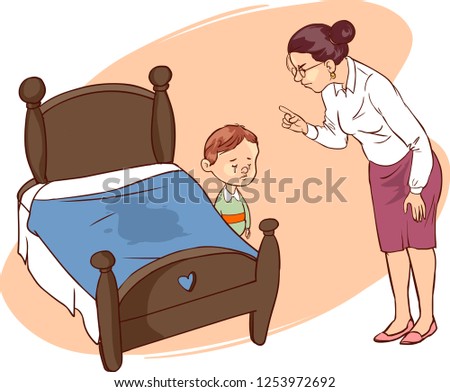 Hand drawn picture of young boy who has wet the bed. 